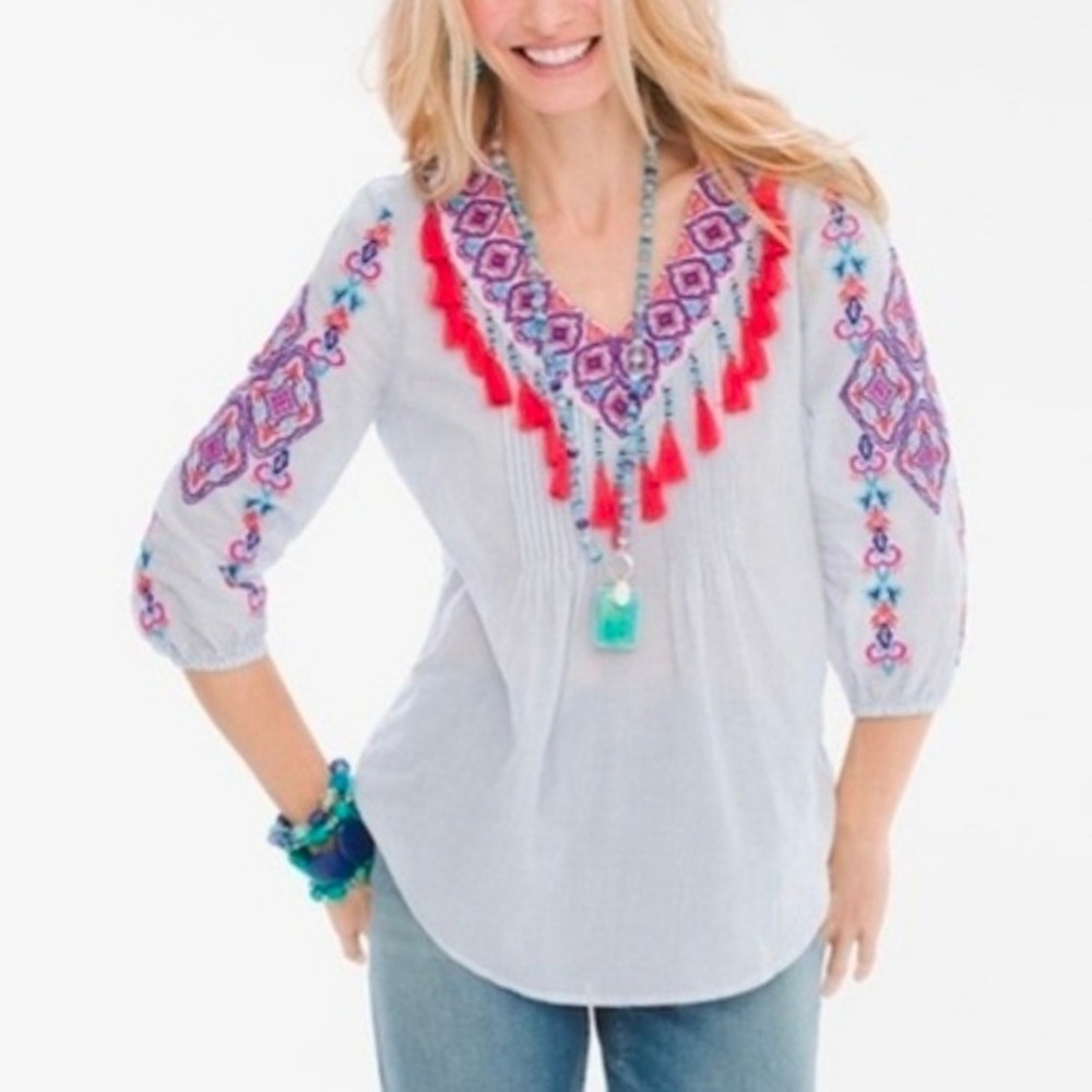 Chicos Blue White Pinstripe Embroidered Tassel V-Neck Blouse Top Size 2 L